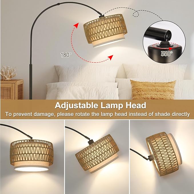 Rattan Floor Lamp, Arc Floor Lamps for Living Room, Farmhouse Standing Lamp with Adjustable Hanging Fabric Shade, Tall Pole Lamp with Foot Switch, Over Couch Arched Reading Light for Bedroom, Office
