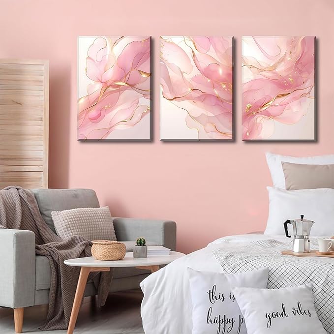Pink Marble Abstract Canvas Wall Art Pink and Gold Abstract Marble Wall Decor Pictures Neutral Modern Minimalist Posters Prints for Living Room Bedroom Home Decoration 12x16in
