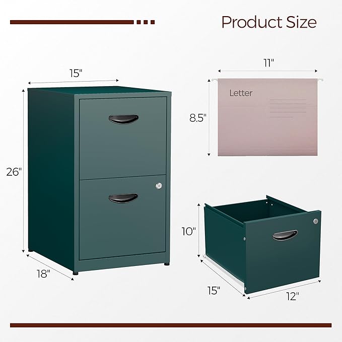 2 Drawer File Cabinet with Lock,Green Metal Filing Cabinets,Vertical Locking File Cabinet Fit Hanging Files, Letter,File Box and A4 Documents