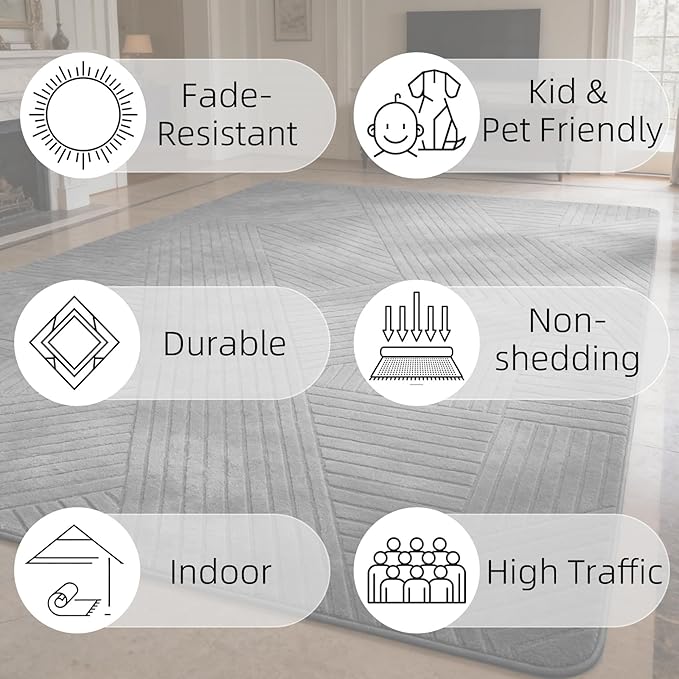 Gray 8x10 Modern Geometric Area Rug – Washable Living Room Rug, Minimalist Linear Carpet with Soft High-Low Pile, Fluffy Floor Rugs for Bedroom, Kids Room, Nursery, Home Décor, Grey