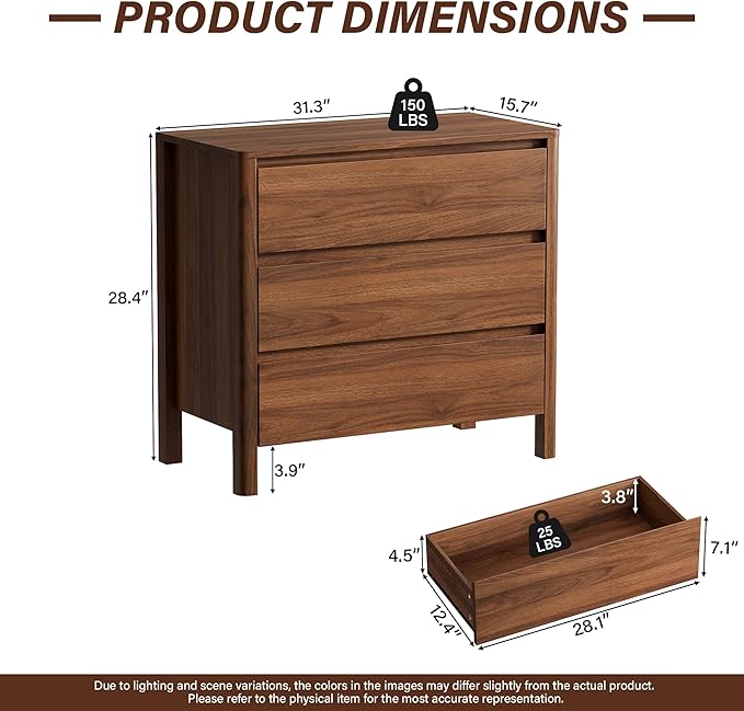 Furniway 31.5" Mid-Century Modern Dresser for Bedroom, 3 Drawer Small Chest of Drawers with Solid Wood Legs, Large Storage Bedroom Dresser, Walnut