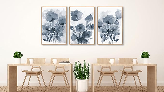 arteWOODS Botanical Framed Wall Art - Abstract Watercolor Style Pictures Grey Blue Floral Wall Decor Minimalist Prints Aesthetic Flowers Painting Artwork 16" x 24" Set of 3 Natural Framed