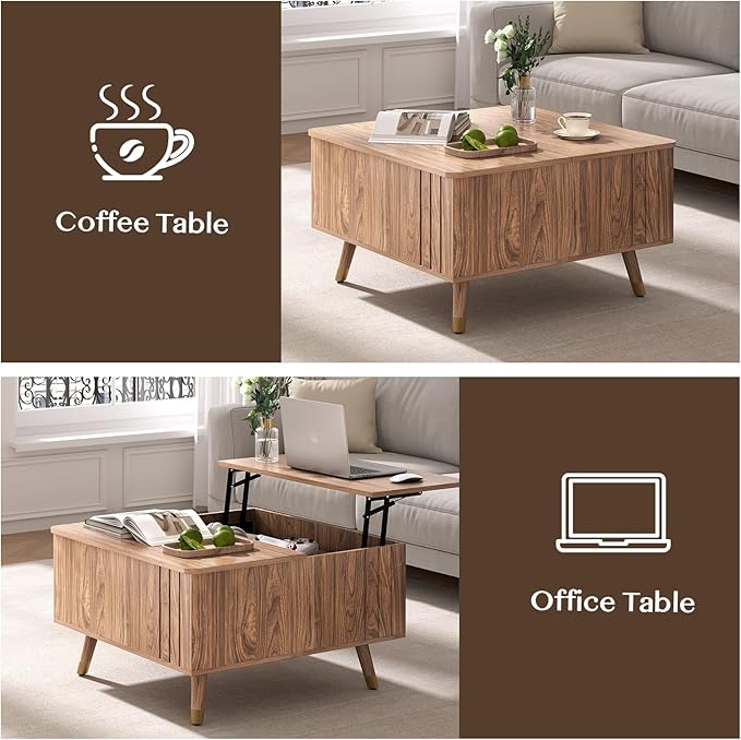 JOINICE 32" Square Lift Top Coffee Table with Storage,Mid Century Modern Walnut Center Table with Rising Desktop for Living Room, Brown Wood Finish