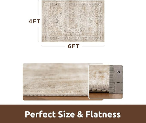 AMOAMI-4X6 Area Rugs for Living Room -Soft Vintage Bedroom Rugs-Non Slip Washable Rug-Throw for Living Room Bedroom Bedside Dining Room Office Beige