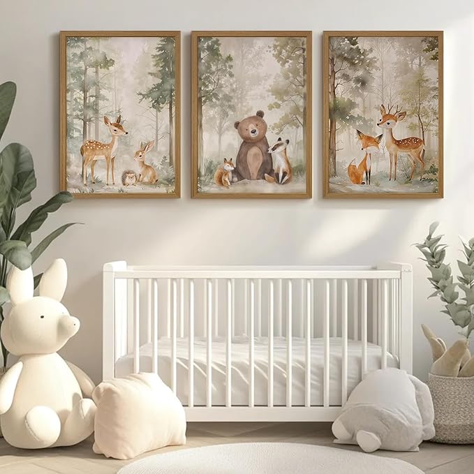 Woodland Nursery Wall Art Decor Animal Forest Canvas Prints Baby Boy Room Wall Decor Bear Nursery Nature Pictures Deer Prints Artwork for Boy Girl Kids Bedroom 16x24 Inch Wood Framed Set of 3
