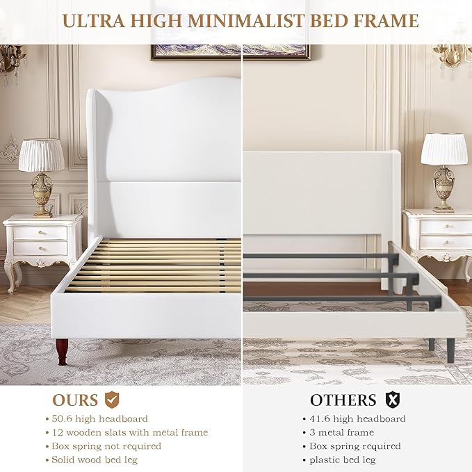 koorlian Queen Size Bed Frame with 51" Tall Headboard, Fully Upholstered Platform Bed Frame with with Soft Fabric, Sleigh Wingback, Solid Wood Retro Legs, Modern Minimalist Style, Easy Assembly, White