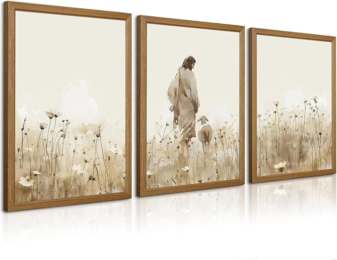Jesus Leaves the 99 Sheep Wall Art Christian Canvas Poster Jesus and Lamb Wall Decor Religious Pictures Lost Sheep Painting God Christ Painting Artwork for Bedroom Living Room 16x24x3 Inch Wood Framed