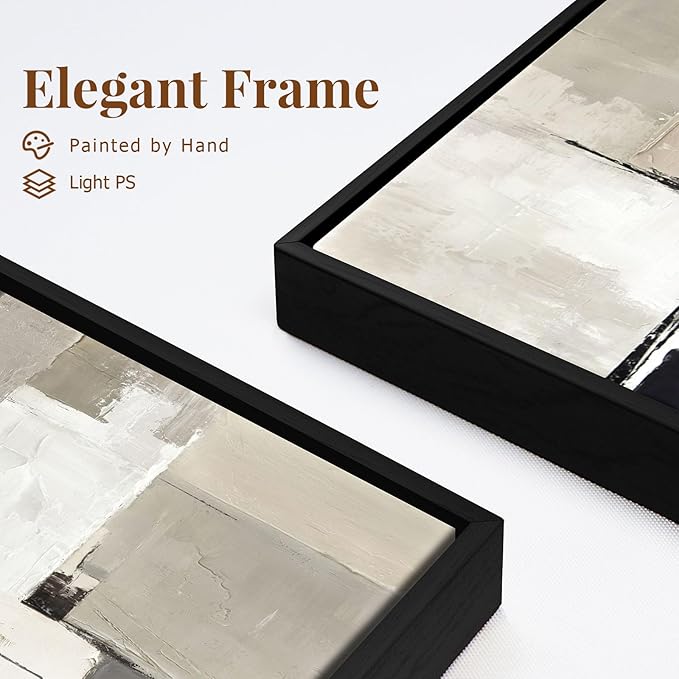 Set of 2 Modern Neutral Abstract Wall Art – Framed Beige, Gray, and Black Canvas Paintings for Living Room, Bedroom, or Office Décor – 16x24 Inches Each