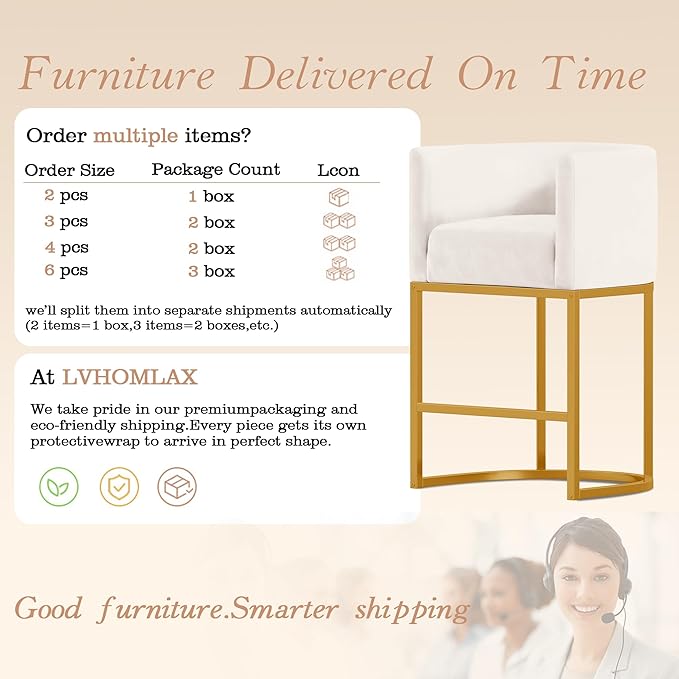 Modern Counter Height Bar Stools,Bar Stools Set of 4,Velvet Fabric Upholstered Barrel Barstools with Backs,26'' Kitchen Island Chairs,Metal Gold Frames,Beige White Velvet