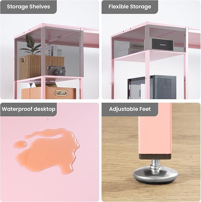 MINOSYS 47-inch Computer Desk with Storage Shelf - Ideal Gaming Desk for Bedrooms, Small Spaces, and Home Offices Modern Writing Desk for PCs,Pink Table.