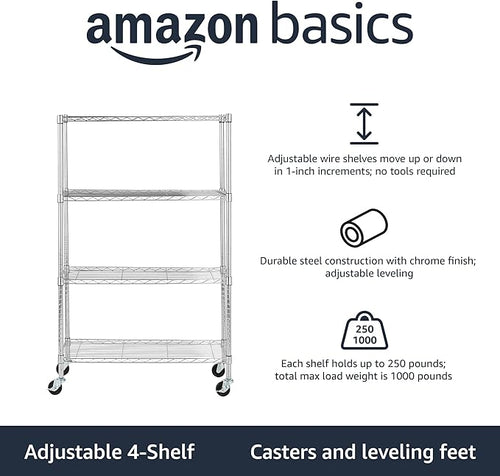Amazon Basics 4-Shelf Adjustable Heavy Duty Storage Shelving Unit with Wheels, No-Tool Easy Assembly, Garage Shelving, Metal Wire Rack with Casters and Leveling Feet, 36" x 14" x 57.8", Chrome