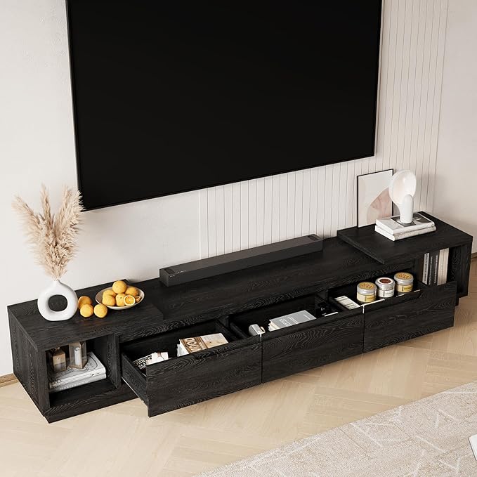 MEISSALIVVE Extendable TV Stand for Up to 120 Inch TV, Modern Entertainment Center with 3 Drawers & 2 Storage Compartments, Adjustable Length (65"-103"), TV Consoles for Living Room & Bedroom (Black)