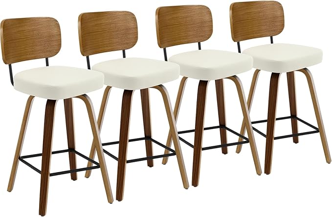 Bekrvio Swivel Counter Height Bar Stools Set of 4, Mid-Century Modern Upholstered Faux Leather Barstools with Wood Back, 26" Seat Height Bar Stools for Kitchen Island, Cream Seat and Walnut Frame