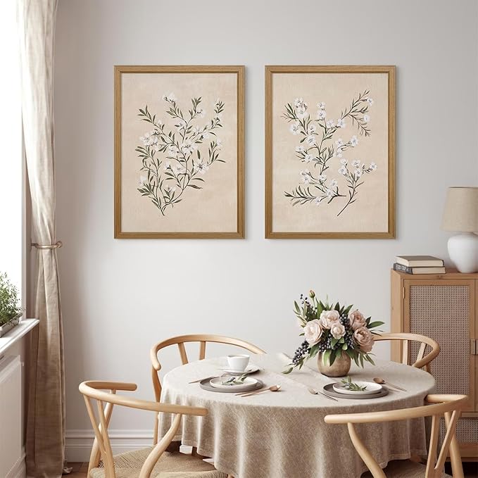 Vintage Botanical Wall Art Neutral Floral Prints Farmhouse Flower Canvas Wall Decor Watercolor Wildflower Pictures Nature Minimalist Artwork for Living Room Bedroom 16x24 Inch Wood Framed Set of 2
