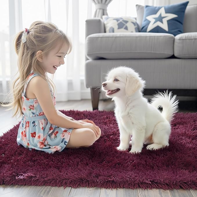 Shaggy Rugs for Bedroom Living Room Dorm Nursery Home Decor Aesthetic (Burgundy, 5 x 8)