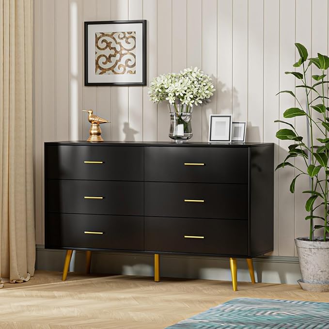 CARPETNAL Black Dresser for Bedroom, 6 Drawer Dresser with Wide Drawers and Gold Metal Handles, Wood Dressers & Chest of Hallway, Entryway.