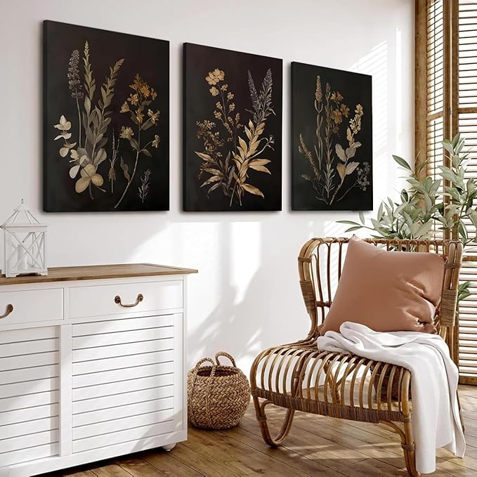 Black Botanical Canvas Wall Art Set of 3 Vintage Floral Art Moody Flower Wall Decor Dark Academia Poster Painting Prints Pictures for Bedroom Living Room 12x16 Inch Framed