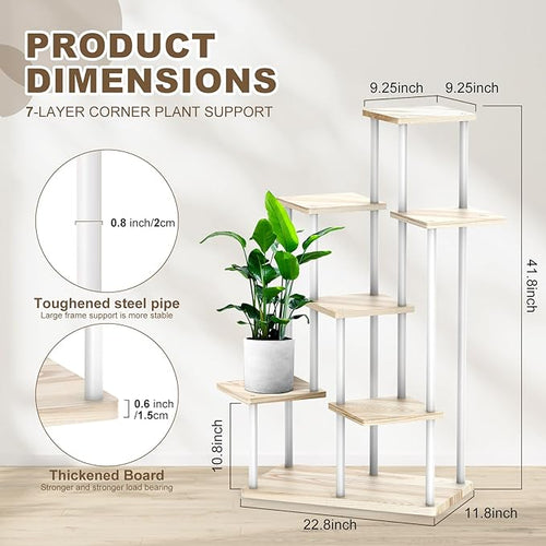 7 Tier Plant Stand Indoor, Thickened Metal Wood Corner Plant Shelf Stands for Multiple Plants, Indoor Tall Plants Stand Tiered Flower Holder for Living Room Patio Garden Balcony(White+Oak)