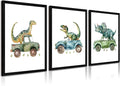 Dinosaur Nursery Wall Art Kids Canvas Poster Baby Boy Nursery Wall Decor Green Dino Pictures Toddler Prints Cartoon Dino Car Painting Boys Room Artwork for Bedroom Bathroom 16x24x3 Inch Wood Framed