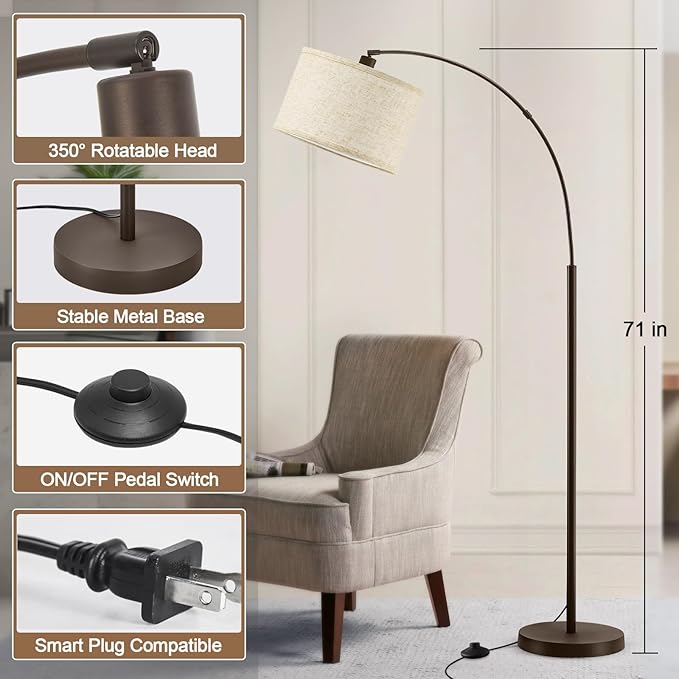 Luvkczc 71" Arc Floor Lamp for Living Room, Vintage Floor Lamp with Adjustable Lamp Head, Tall Pole Lamp with Foot Pedal Switch, Over Couch Arched Reading Light for Bedroom, Office, Study Room