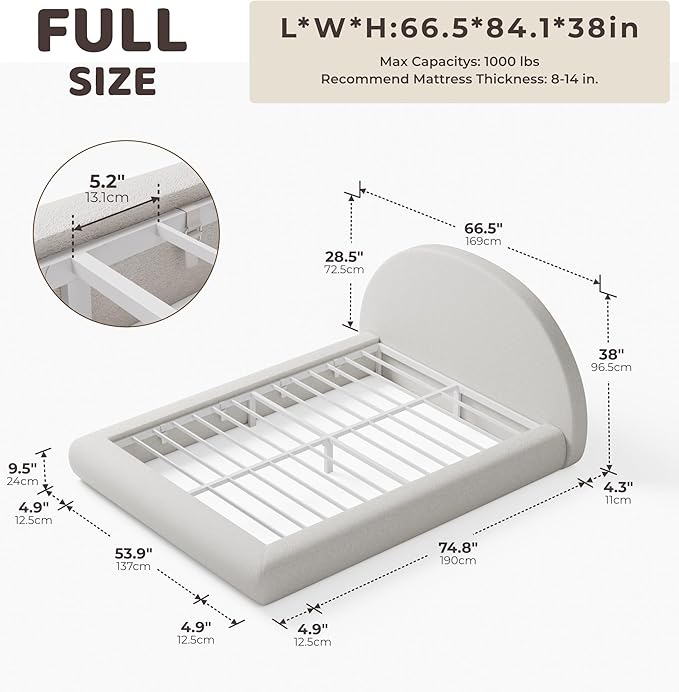 RECCI AirFrame Half-Moon Upholstered Full Platform Bed Frame, Boucle Curved Arched Base with Headboard, 5 Inch Fully Round Cushioned Foam, No Box Spring Needed, Easy Assembly | Round Shaped, Boucle, Low-profile, Soft