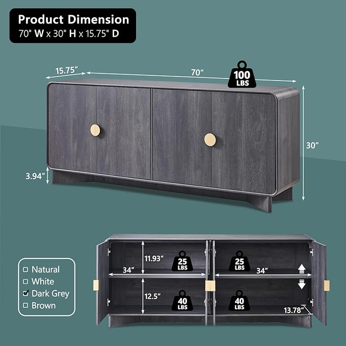 IFGET Modern Buffet Cabinet with Storage, 70" Large Sideboard Buffet Storage Cabinet with 4 Doors and Adjustable Shleves, Wooden Curved Coffee Bar for Dining Room, Kitchen, Living Room, Dark Grey