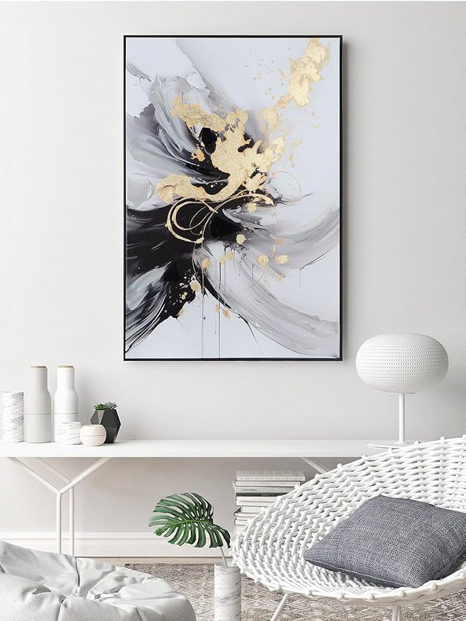 SAFERRYHOME Framed Canvas Wall Art - Black and Gold Wall Art Decor - Large Abstract Wall Art for living room bedroom office