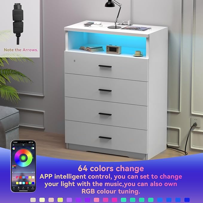 FJTJBSI Dresser with Power Outlets and LED Lights Wooden 4 Drawer Dresser with Large Organizer Tall White Drawer for Bedroom Modern Chest of Drawers Closet for Living Room Kids Room
