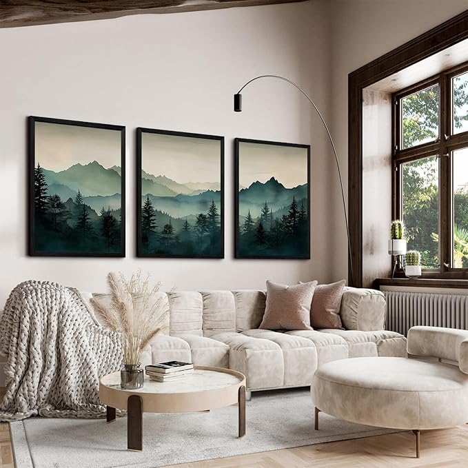 Mountain Wall Art Decor Set of 3 Sage Green Forest Canvas Wall Art Prints Nature Landscape Wall Decor Watercolor Pine Tree Pictures Abstract Modern Painting for Living Room Bedroom 12x16 Inch Framed
