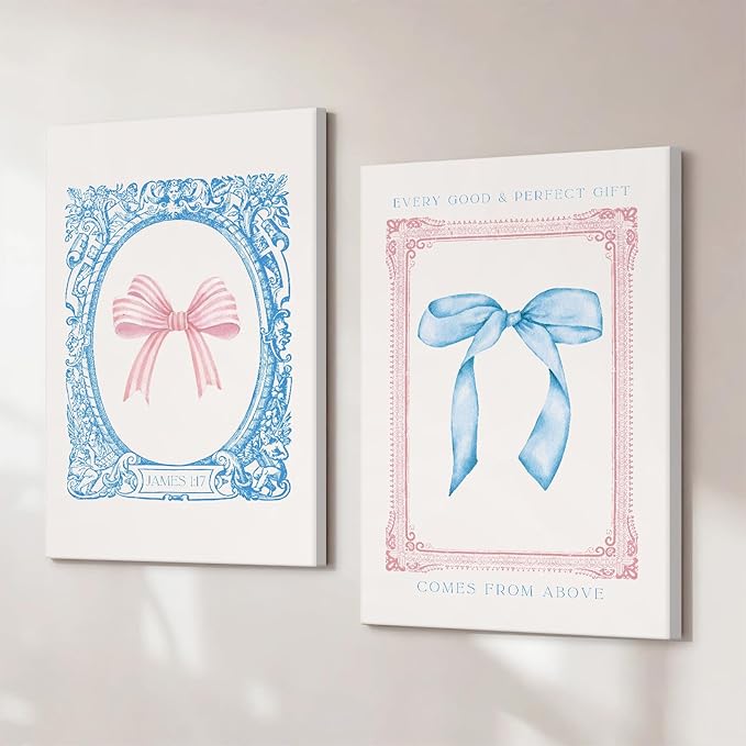 Preppy Bow Wall Art Decor Set of 2 Coquette Canvas Wall Decor Aesthetic Pictures Trendy Girly Wall Art Pink Blue Bow Prints Christian Bible Verse Poster for Bedroom Living Room 12x16 Inch Framed
