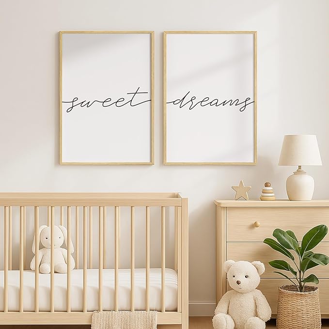 Framed Sweet Dreams Wall Art for Bedroom Decor, Set of 2 Minimalist Quote Canvas Prints, Modern Black and White Typography Artwork for Nursery Guest Room Bedroom Hallway Walls Decor, 16x24 Inch