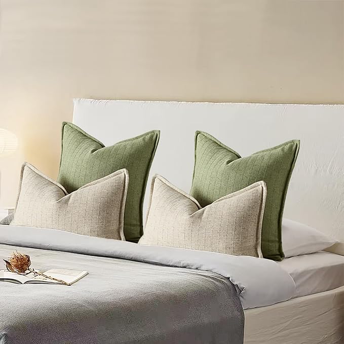 DEZENE 12x20 Linen Pillow Covers Natural Beige Pack of 2 Farmhouse Boho Neutral Accents Striped Textured Rectangular Lumbar Decorative Throw Pillow Cases for Living Room Couch Bed Home Decor
