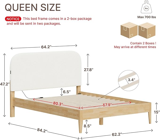 KISLOT Wood Bed Frame with USB & Type-C Charging, Boucle Platform Bed with Upholstered Headboard Mattress Foundation No Box Spring Needed Easy Assembly