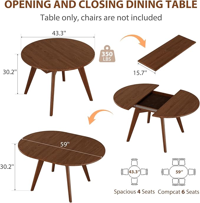 Solid Wood Round Extendable Dining Table, 43″-59″ Expandable Dining Table for 4-8, Oval Extendable Dining Room Table with Hidden Storage, Oval Dining Tables with Leaf, Walnut Round Kitchen Table