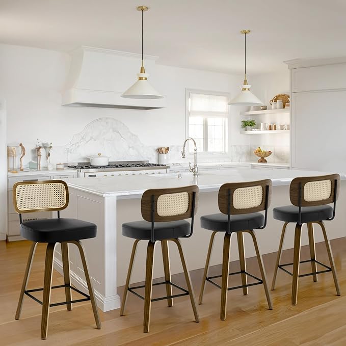 Bekrvio Swivel Counter Height Bar Stools Set of 4, Upholstered Faux Leather Barstools with Rattan Back, 26" Seat Height Bar Chairs for Kitchen Island, Bentwood Wood Frame, Black