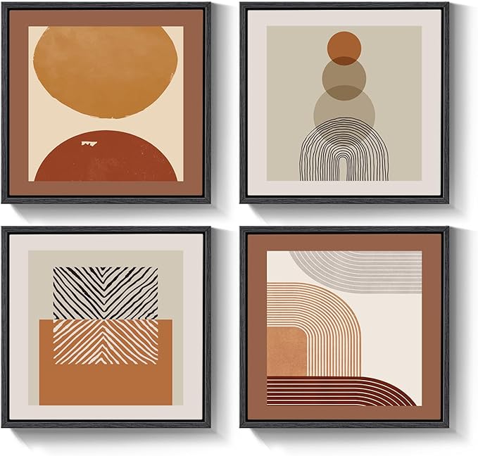 4 Piece Framed Abstract Boho Wall Art Set, Modern Mid Century Canvas Picture Wall Decor, Minimalist Geometric Orange and Brown Paintings Prints for Living Room Bedroom Hallway, 12x12 Inch