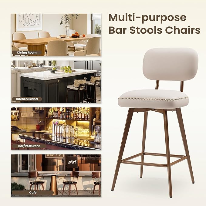 MALOL 26“ Swivel Bar Stools Set of 2, Mid Century PU Leather Counter Height Bar Chairs with Low Back and Metal Legs, Modern Bar Stool Chair for Kitchen Island, Beige