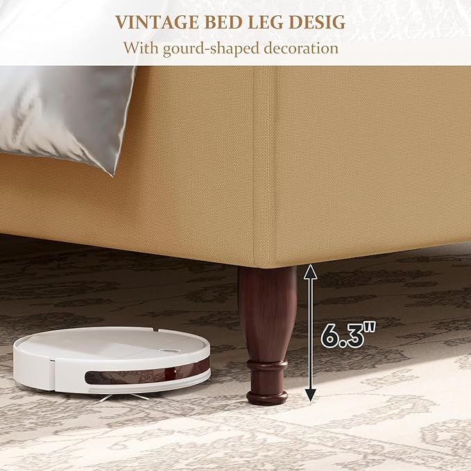 koorlian Full Size Bed Frame Upholstered Platform Bed with 51'' Tall Fabric Headboard and Wooden Slats Support, Retro Minimalist Style/Fully Upholstered/Easy Assembly, Warm Brown
