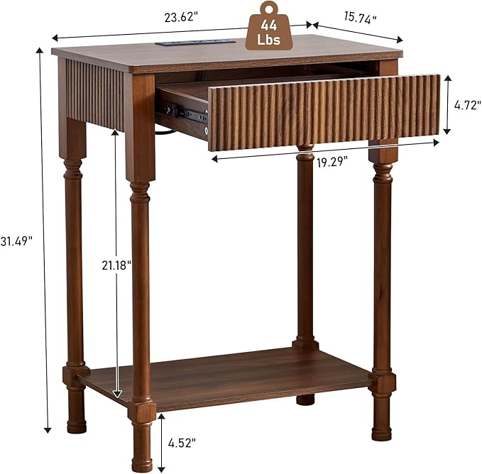 XUZENEST Fluted Nightstand with Charging Station, 23.6” Large Bed Side Table End Table with Drawer, Modern Mid Century Solid Wood Legs Night Stands Bedside for Bedroom Living Room Sofa Office, Walnut