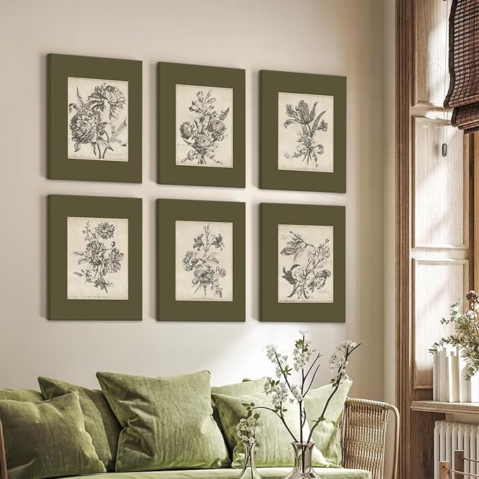 Vintage Floral Wall Art Sketch Flower Prints Antique Botanical Canvas Wall Art Decor Vintage Etchings Floral Poster Green Botanical Painting Sage Green Artwork for Bedroom 8x10x6 Inch Wrapped Canvas