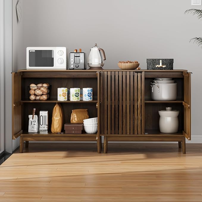Kiasthome Wooden Sideboard Buffet Cabinet with Slatted Ventilation Doors & Adjustable Shelf, Sideboard Cabinet Storage Cabinet with Ample Storage for Dining Room Entryway (Walnut)