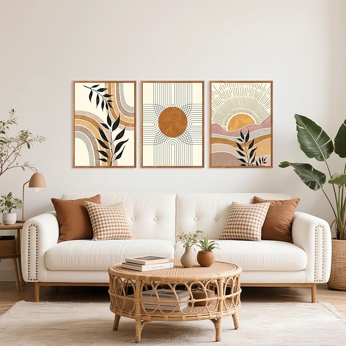 HPINUB Boho Framed Canvas Wall Art Prints, (Set of 3,12X16 Inch) Mid Century Modern Wall Decor, Nature Plants Desert Sun Art Paintings, Bohemian Artwork for Living Room, Bedroom, Dining Room, Office