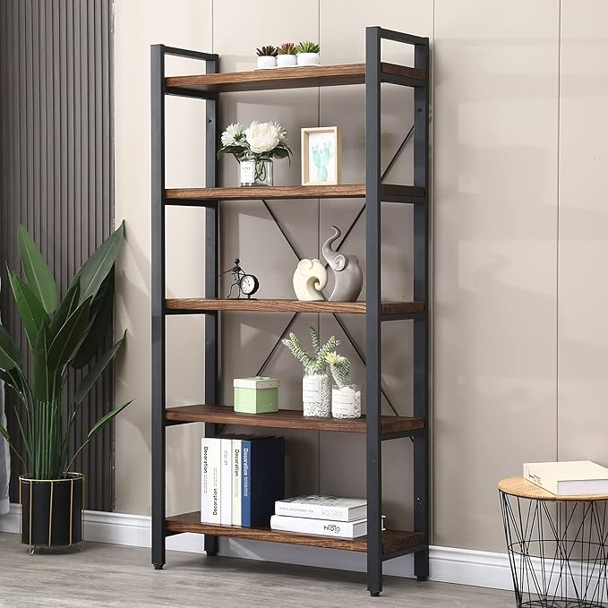 WH-AOERPUMY 5 Tier Bookcase, Solid Wood Bookshelf Rustic Vintage Industrial Etagere Bookcase, Metal and Wood Free Vintage Bookshelf, Retro Brown (5-Tiers)