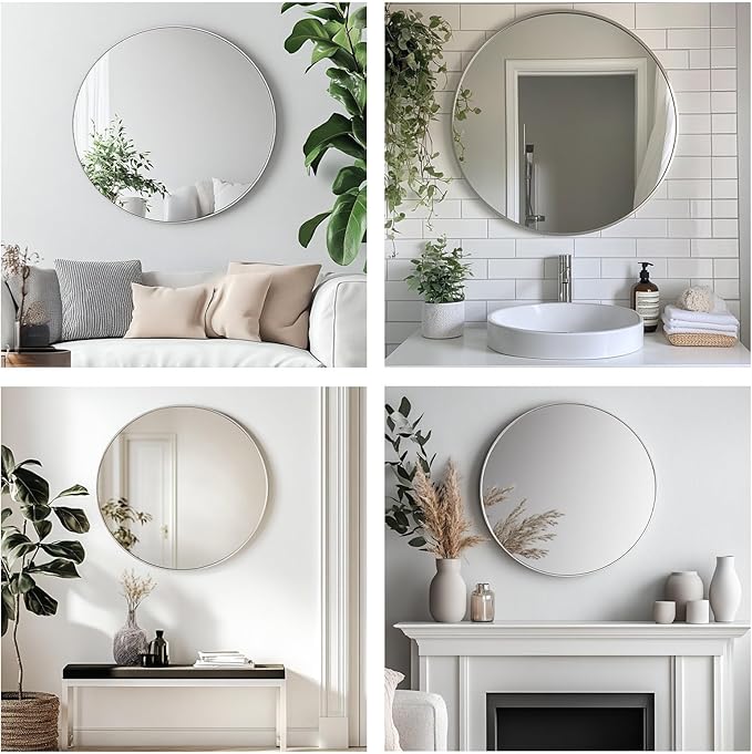 Oruii Silver Round Mirror, Silver Round Mirror 24 inch, Circle Bathroom Mirrors Metal Frame, Nickel Circle Mirrors for Wall, Over Sink, Bathroom, Living Room, Vanity, (Chrome)