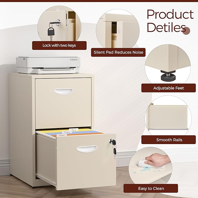 2 Drawer File Cabinet with Lock,Cream Metal Filing Cabinets,Vertical Locking File Cabinet Fit Hanging Files, Letter,File Box and A4 Documents(Cream)