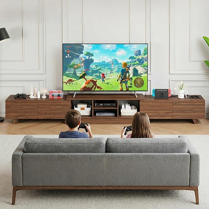 MEISSALIVVE Extendable TV Stand for Up to 120 Inch TV, Modern Entertainment Center with 4 Drawers & 2 Storage Compartments, Adjustable Length (95"-121"), TV Consoles for Living Room (Walnut)