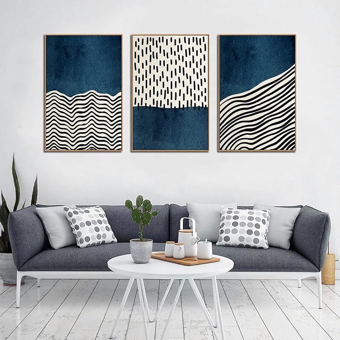 Framed Wall Art Canvas Set Mid Century Boho Picture Modern Abstract Geometric Lines Wall Decor Minimalist Black Indigo Canvas Painting Artwork Living Room Bedroom Home Office 24"x36"x3 Natural
