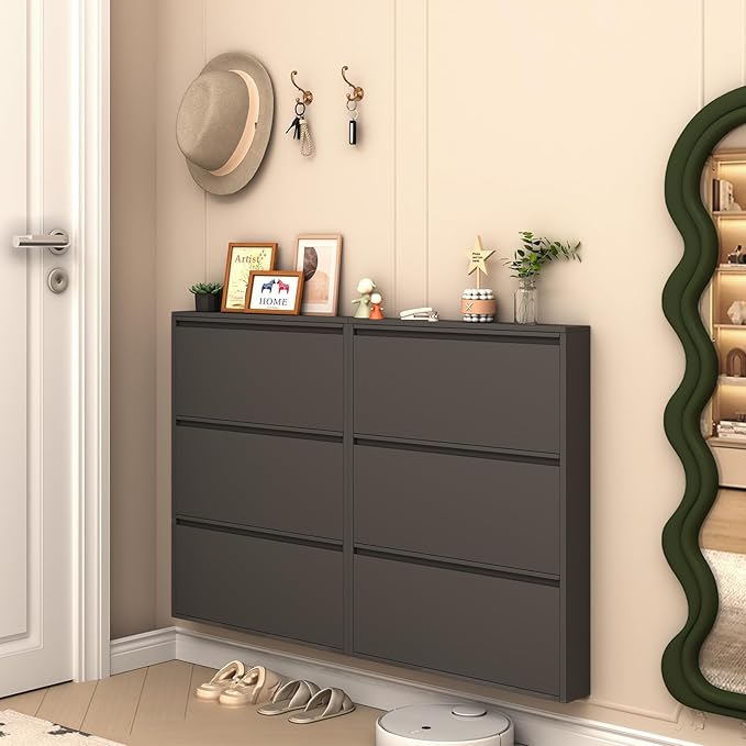 LUCYPAL Slim Shoe Cabinet,Metal Shoe Storage Cabinet for Entryway with 3 Flip Drawers,Narrow Wall Shoe Cabinet for Entryway,Hallway,Living Room,Black,Require Assembly