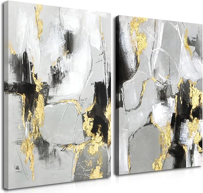 Framed Abstract Black Gold Wall Art Set of 2, Modern Black White Gold Canvas Prints Poster Picture for Living Room Bedroom Office Wall Decor 12 x 16 Inch