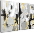 Framed Abstract Black Gold Wall Art Set of 2, Modern Black White Gold Canvas Prints Poster Picture for Living Room Bedroom Office Wall Decor 12 x 16 Inch